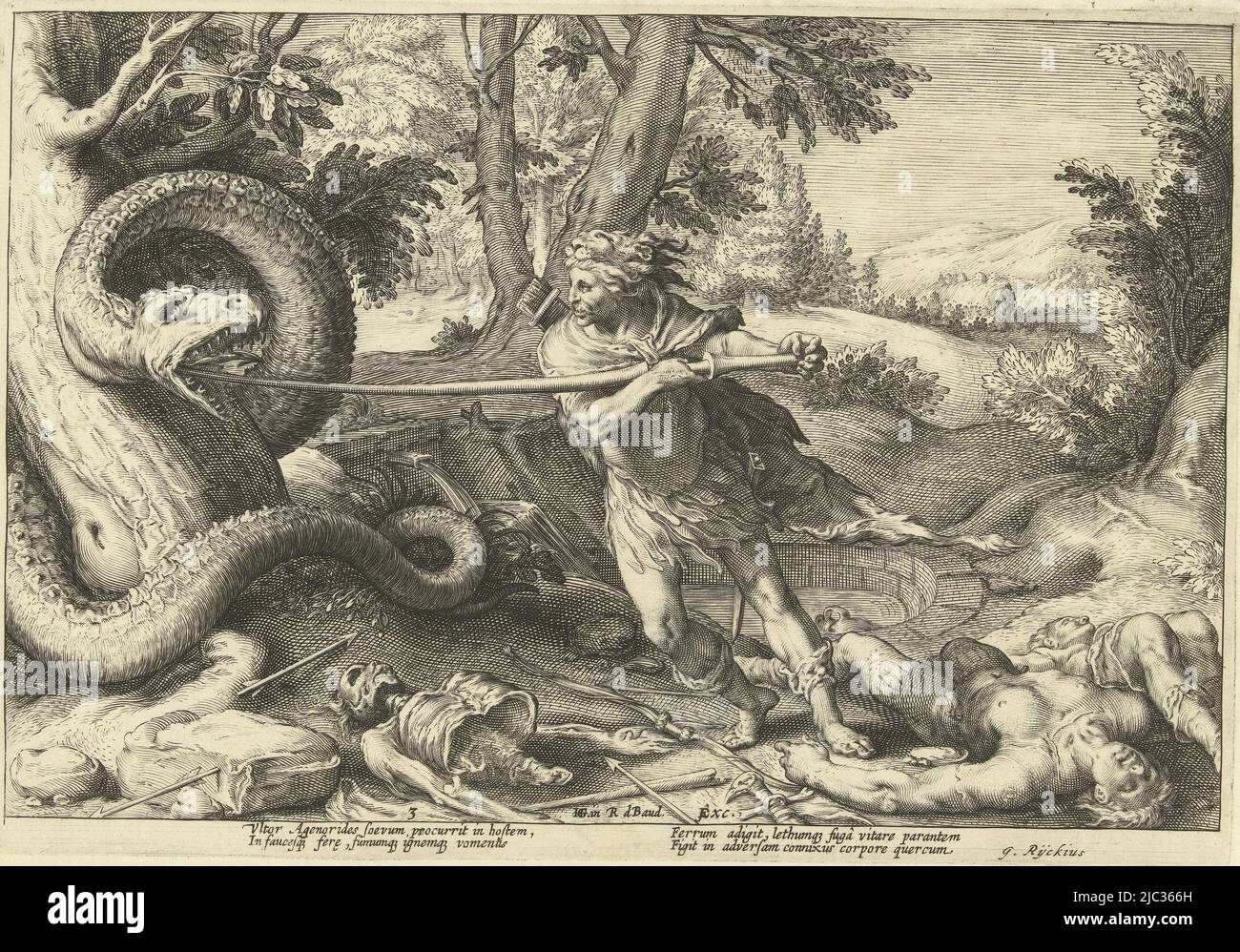 Cadmus kills the dragon that devoured his companions. Below the depiction two times two lines of Latin text. This print is part of a series of 52 prints depicting stories from Ovid's Metamorphoses. This series is divided into three numbered series: two of 20 prints and one of 12 prints. This print belongs to the third series, Cadmus slays the dragon Ovid's Metamorphoses (series title), print maker: Hendrick Goltzius, (workshop of), print maker: Robert de Baudous, (workshop of), Hendrick Goltzius, (mentioned on object), print maker: Haarlem, print maker: Netherlands, publisher: Netherlands Stock Photo