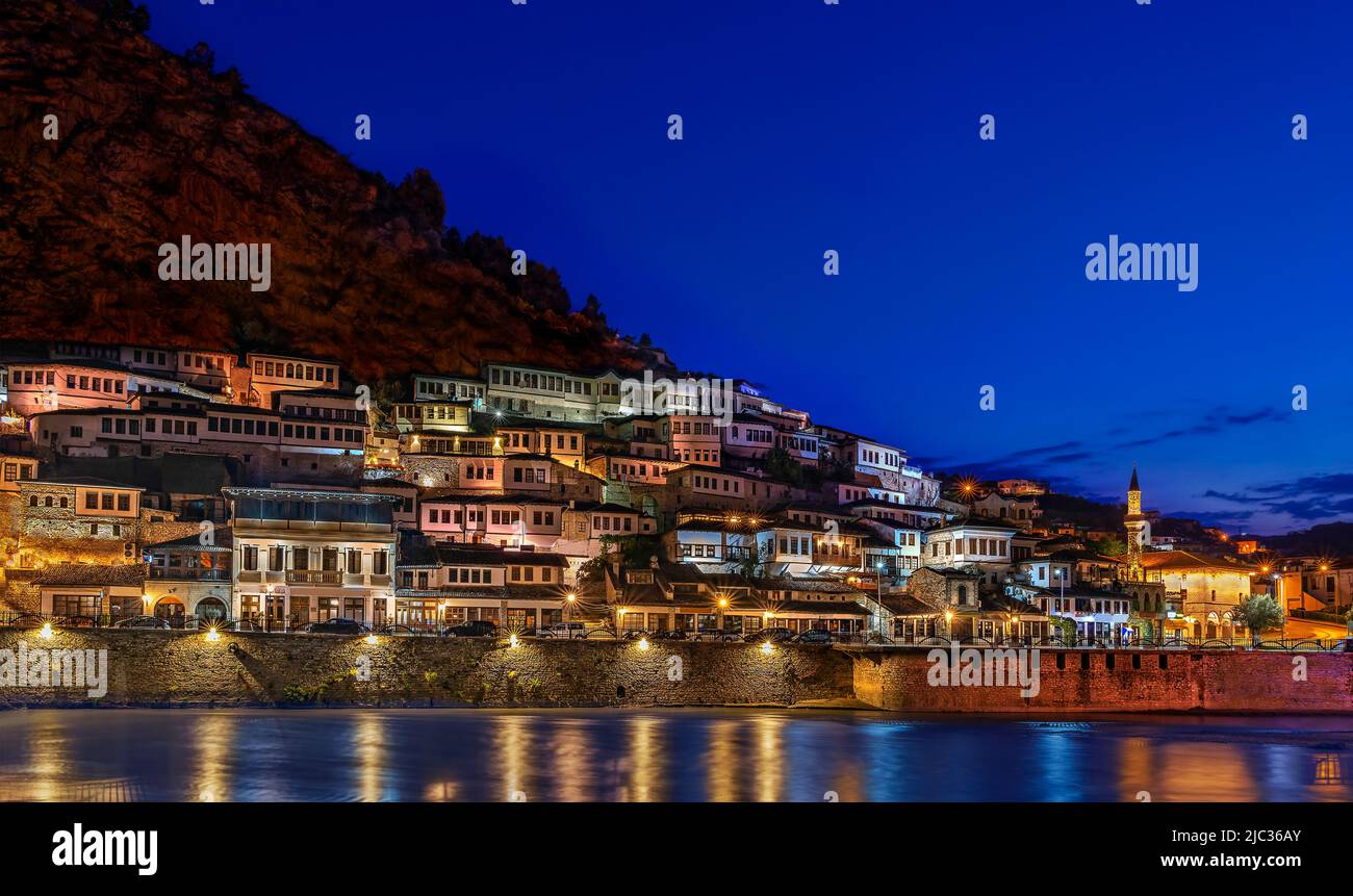 Skyline of the old city of Berat with its ancient houses, at the dusk in Albania. Stock Photo