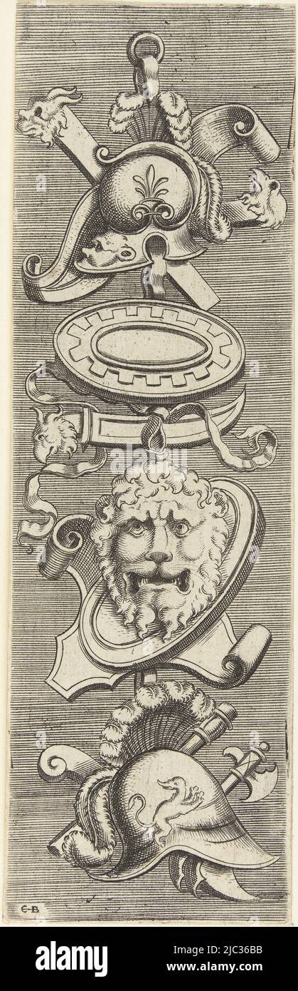A helmet hangs at the top of the trophy, followed by a shield, the head of a lion and a second helmet. Shaded background. Belongs to 5 sheets in a series of 7., Plane decoration with trophy with helmets Plane decorations with armorial trophies (series title), Cornelis Bos, (mentioned on object), print maker: anonymous, Enea Vico, after c. 1525 - before 1566, paper, engraving, h 172 mm × w 53 mm Stock Photo