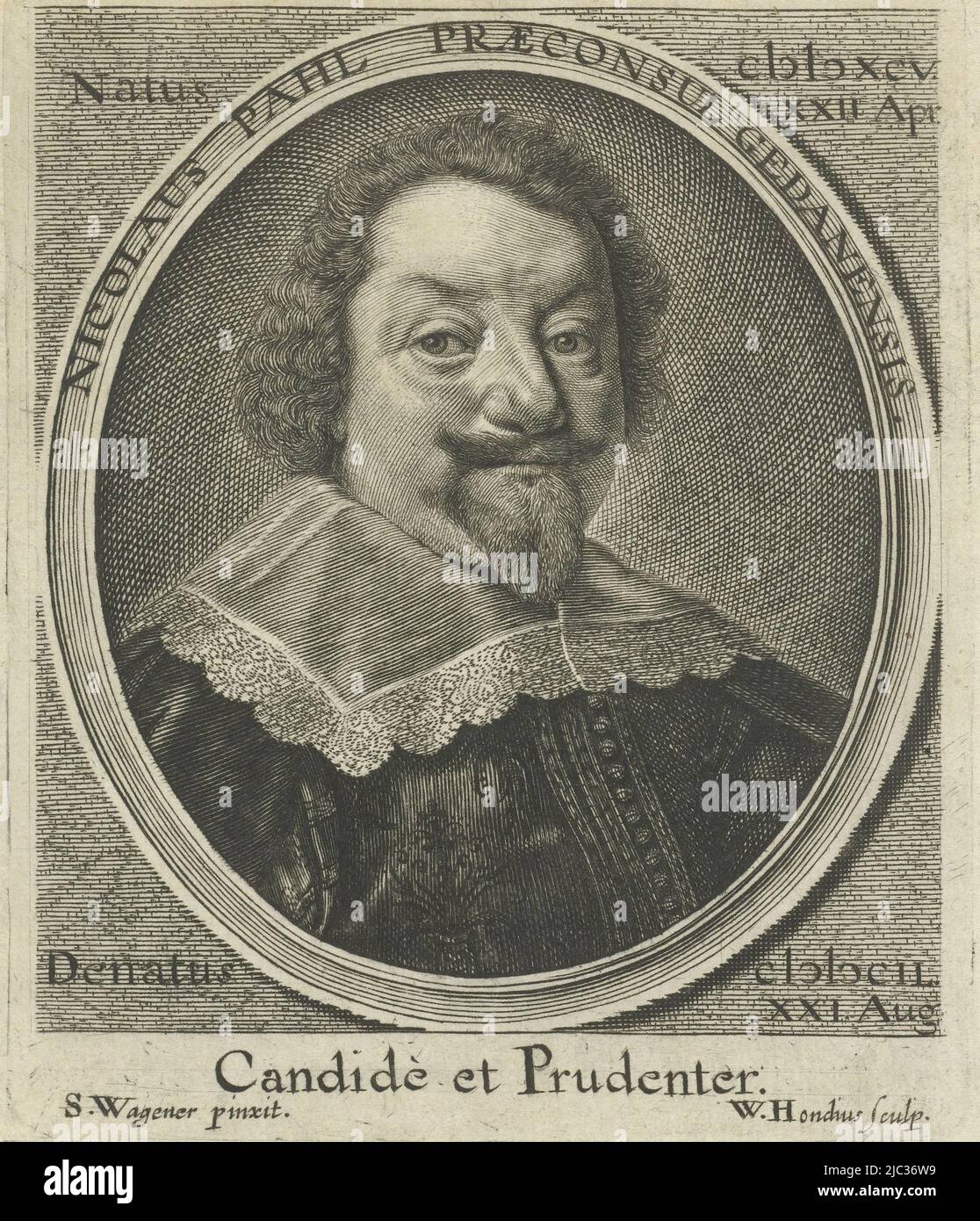 Bust to the right of Nicolas Pahl in an oval frame with edge lettering in Latin. Below the portrait a second printing with six-line text by the author Johann Petrus Titius., Portrait of Nicolas Pahl Nicolaus Pahl Praeconsul Gedansis (title on object), print maker: Willem Hondius, (mentioned on object), after: Salomon Wegner, (mentioned on object), Johann Peter Titz, (mentioned on object), Poland, in or after 1650, paper, engraving, etching, h 119 mm × w 100 mm × h 29 mm × w 99 mm Stock Photo