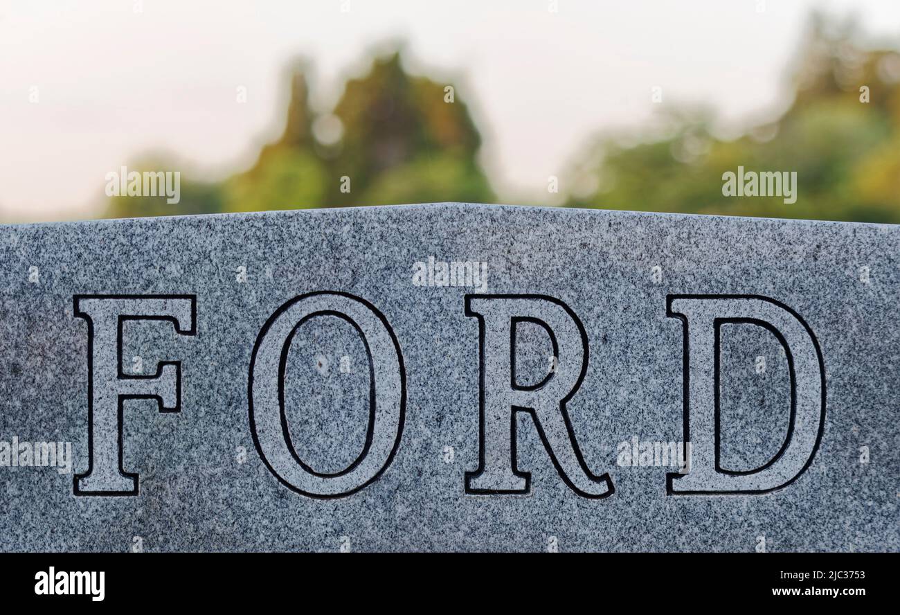 The surname 'Ford' is carved into a stone mausoleum at the gravesite of former United States Sen. Wendell Hampton Ford (1924-2015) on Memorial Day, Monday, May 30, 2022 at Rosehill-Elmwood Cemetery & Mausoleum in Owensboro, Daviess County, KY, USA. Ford was a veteran who served in the U.S. Army during World War II and then the Kentucky Army National Guard before beginning a storied political career in 1965. (Apex MediaWire Photo by Billy Suratt) Stock Photo