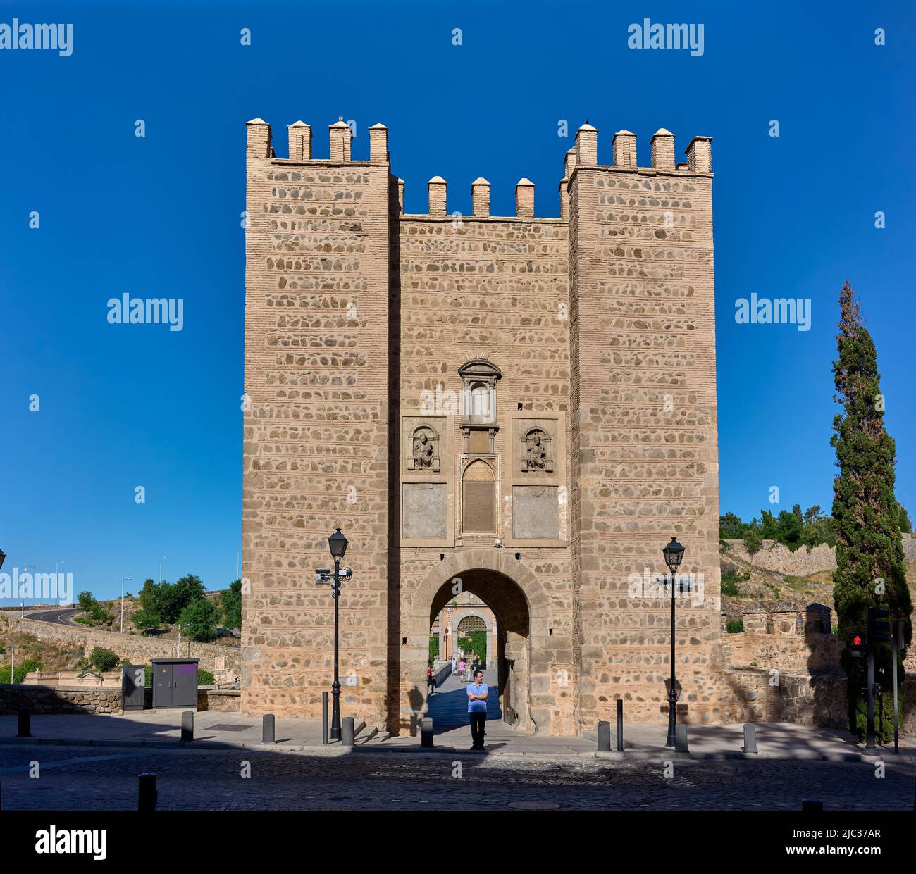 Tower of the Alcantara bridge. Toledo, Castilla La Mancha, Spain. Stock Photo