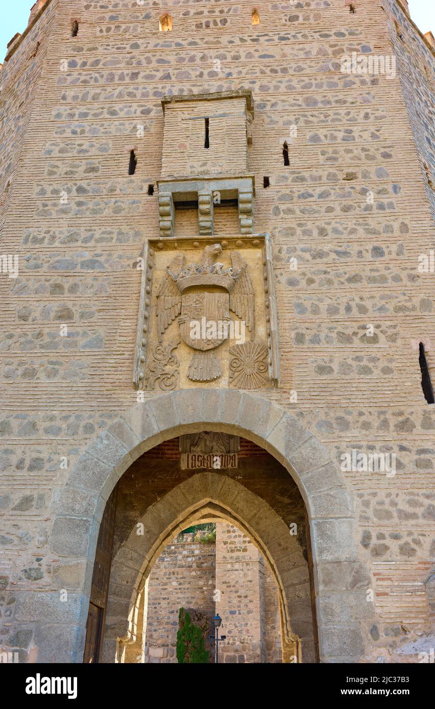 Tower of the Alcantara bridge. Toledo, Castilla La Mancha, Spain. Stock Photo