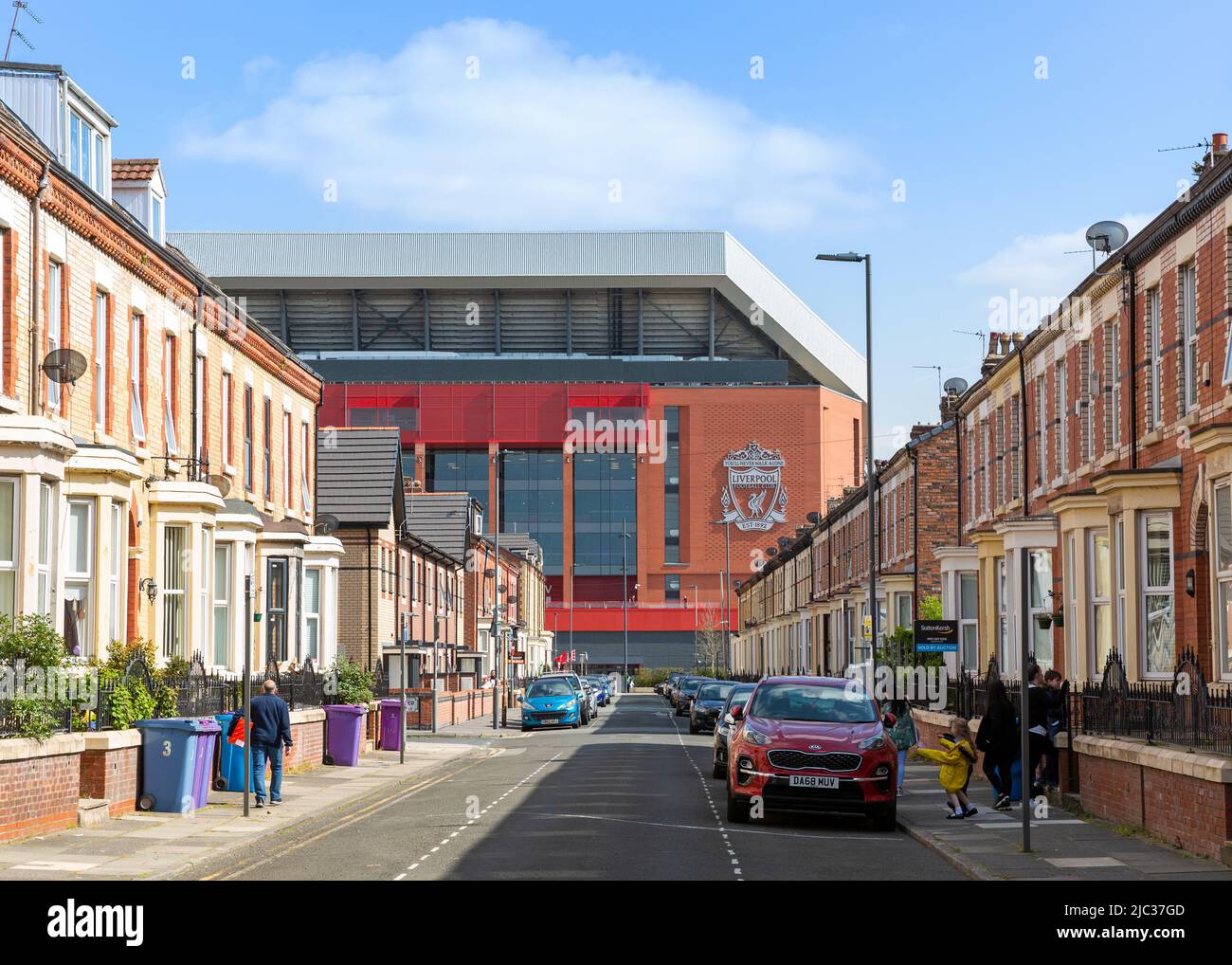 View of Main Stand, Anfield Stadium, Liverpool FC from Rockfield Road, Liverpool, England, UK Stock Photo