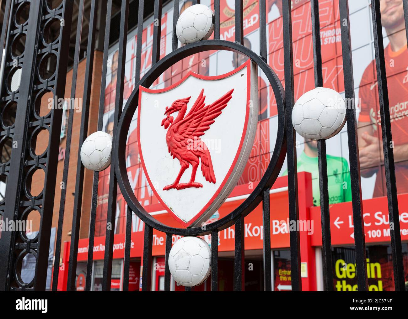 Close up of liver bird on Paisley Gates, Liverpool FC, Anfield Stadium, Liverpool, England, UK Stock Photo