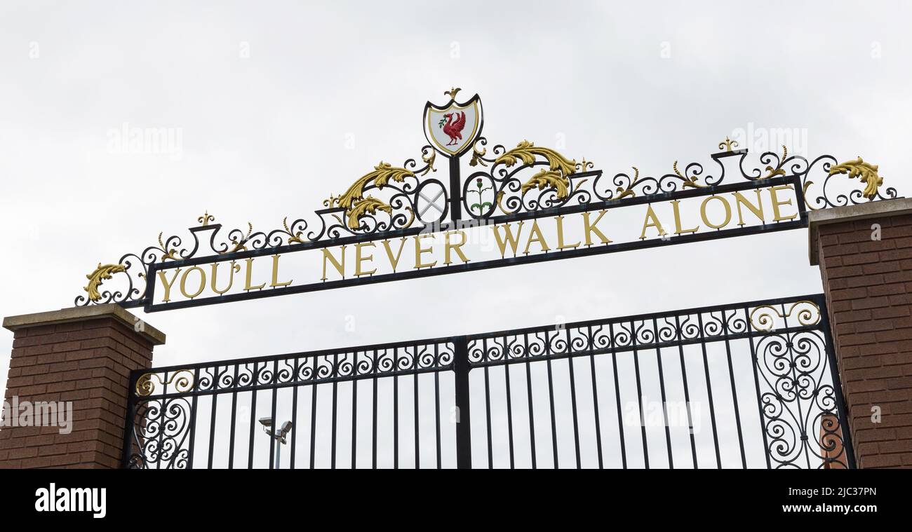 You’ll Never Walk Alone, Shankly Gates, Liverpool Football Club, Anfield Stadium, Liverpool, England, UK Stock Photo