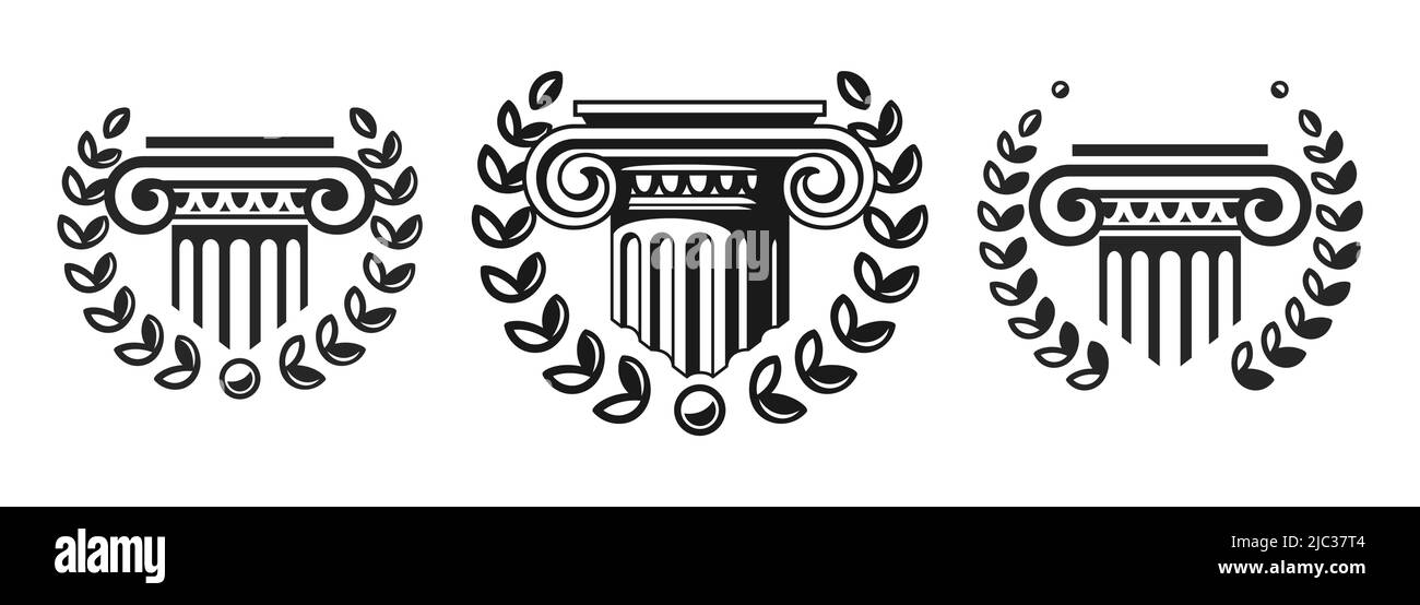A set of antique columns-pedestals with a wreath. Law firm vector logos set. Architectural elements. Isolated on a white background Stock Vector