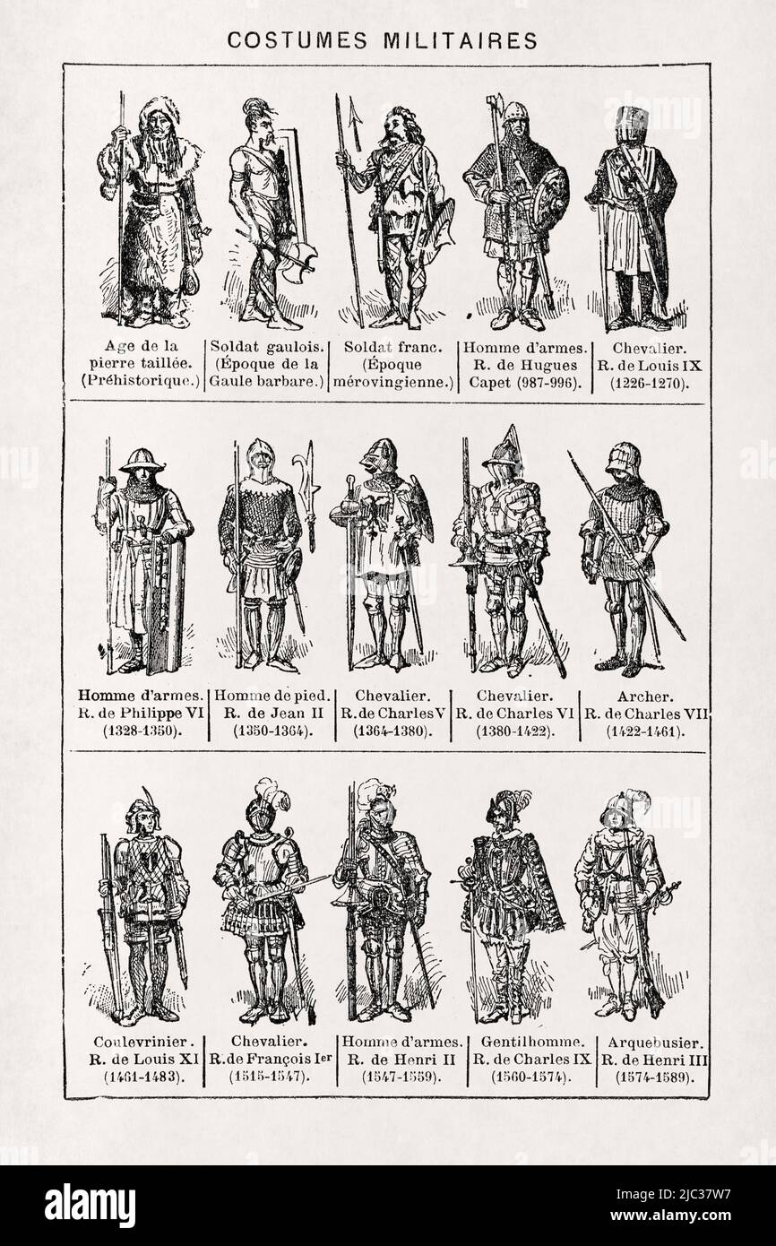 Old illustration about the French Army uniforms from Stone age to 1589. Stock Photo