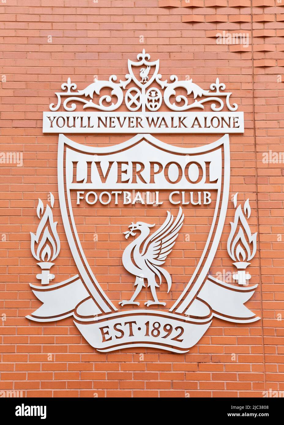 Liverpool football club crest on wall of Anfield Stadium, Liverpool, England, UK Stock Photo