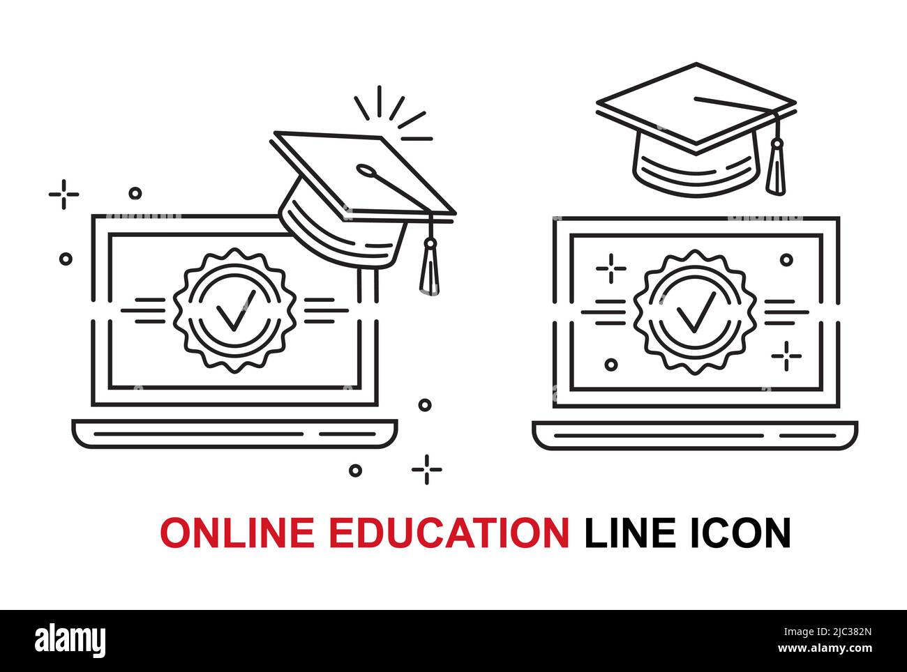 Online distant education, distance graduation, finish internet course study line icon. Home learning, video lesson. Laptop with academic hat. Vector Stock Vector