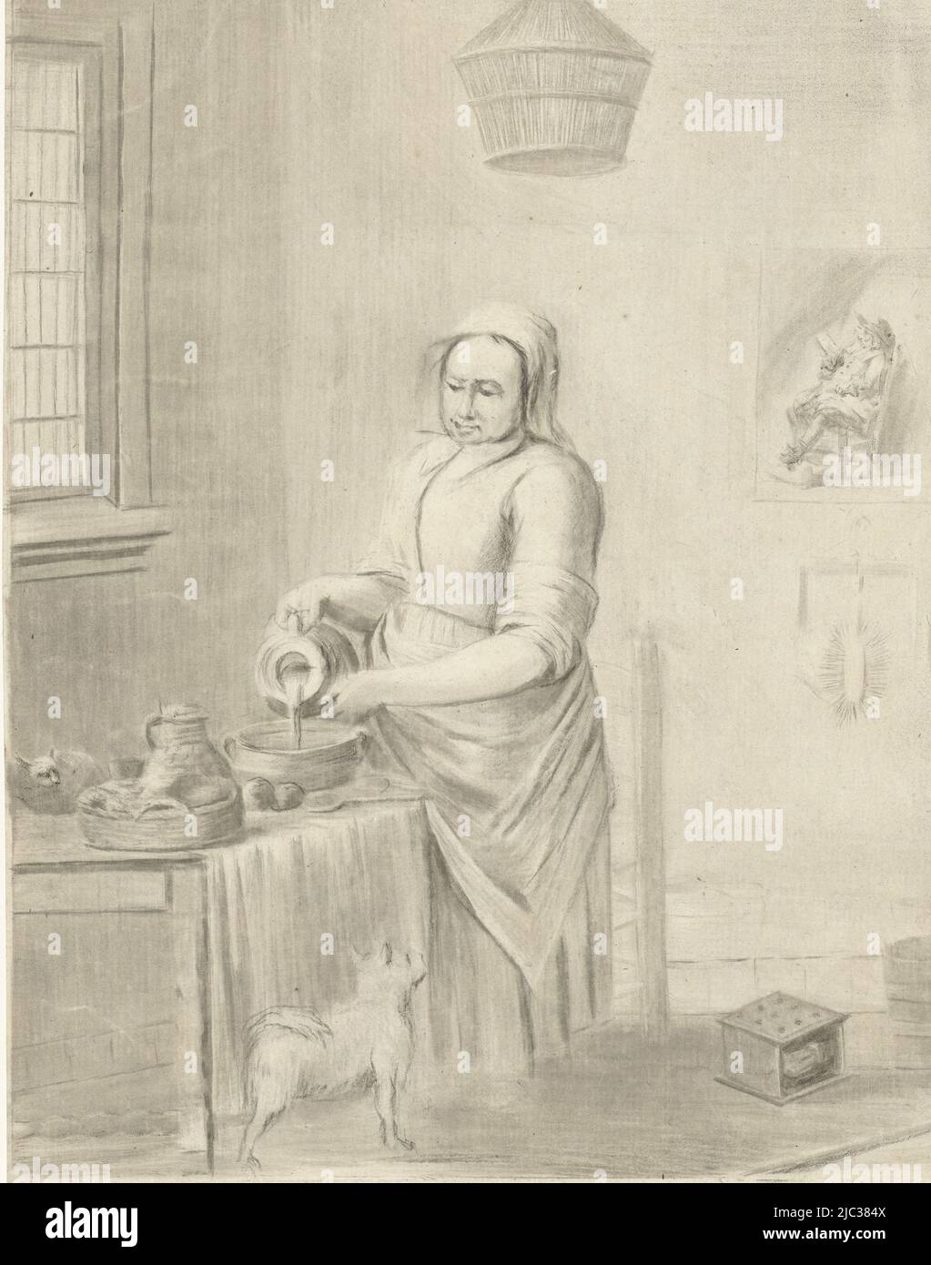 A maid stands behind a table pouring milk from a pitcher into a bowl. On the table is a basket of bread and a stone pitcher. A cat is sleeping on the table. On the left a window. At the bottom of the wall on the right a little stove. On the wall is a print of a man sitting on a chair. In the foreground a lapdog, The Milkmaid, print maker: Jurriaan Cootwijck, after: Johannes Vermeer, print maker: Amsterdam, after: Delft, 1724 - 1798, paper, w 236 mm × h 303 mm Stock Photo