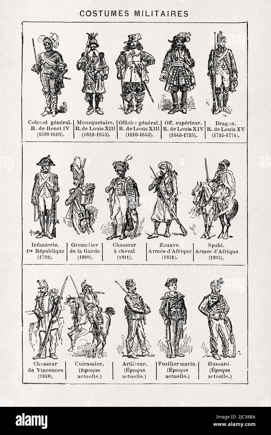 Old illustration about the French Army uniforms from 1589 to 1899. Stock Photo