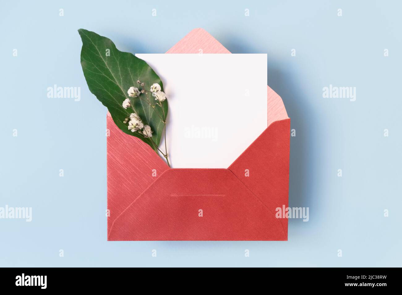 Open envelope with flowers and white blank card on light blue background, copy space, top view Stock Photo