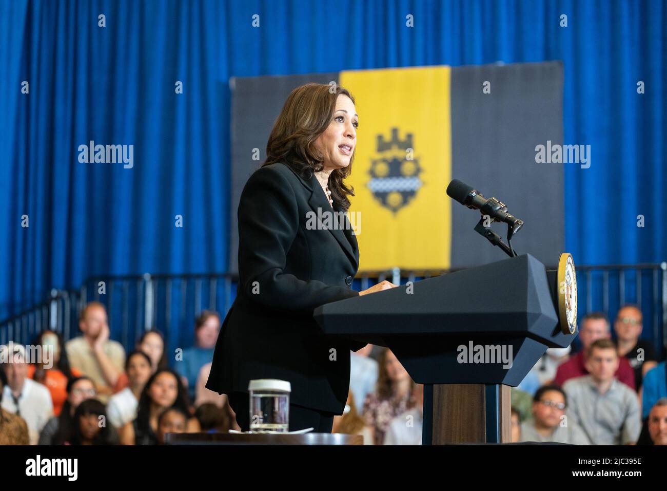 Vice President Kamala Harris delivers remarks during a Child Tax Credit Awareness Day event, Monday, June 21, 2021, at the Brookline Recreation Center in Pittsburgh. Stock Photo