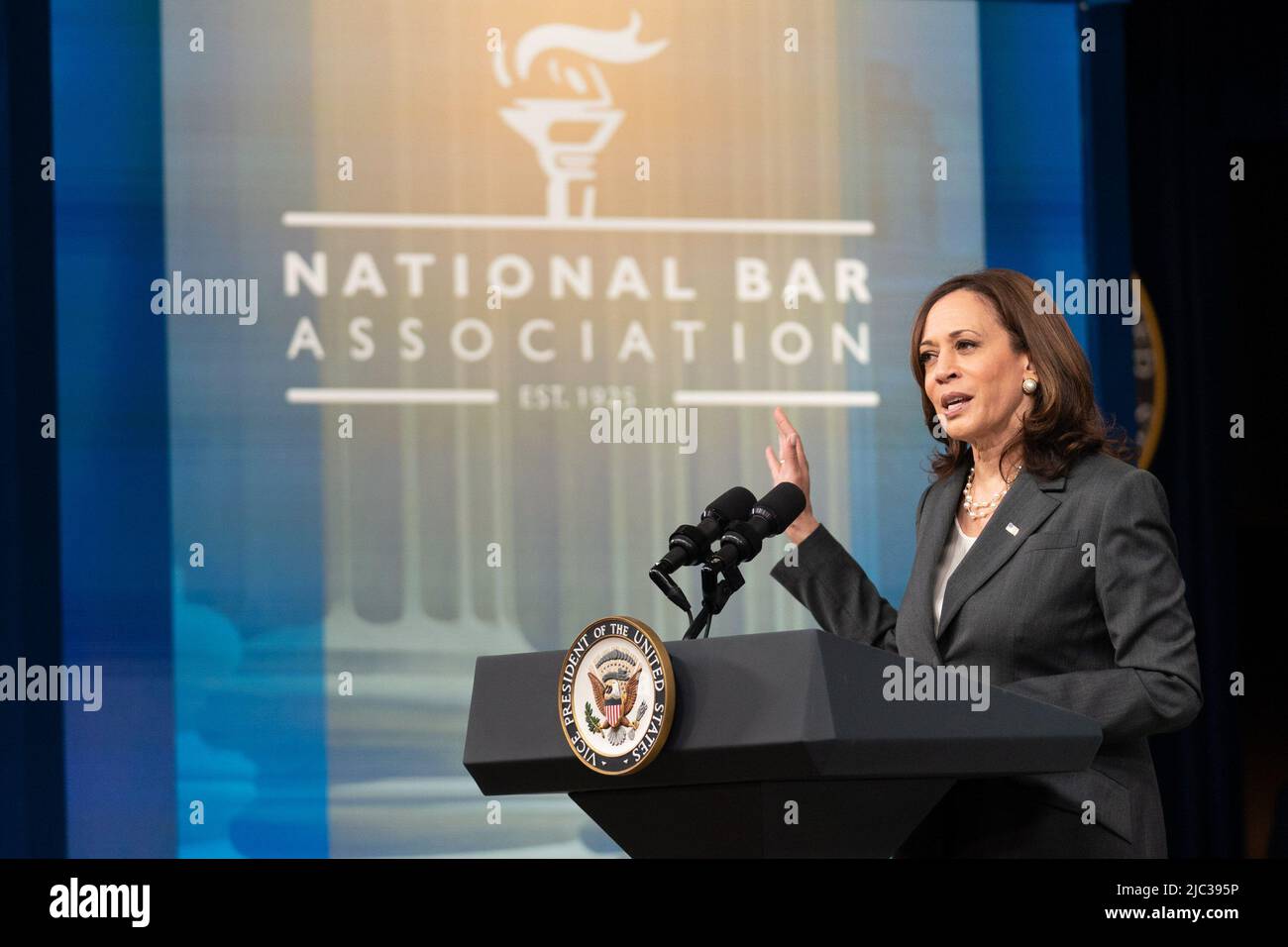 Vice President Kamala Harris delivers remarks virtually at the National Bar Association, Tuesday, July 27, 2021, in the South Court Auditorium in the Eisenhower Executive Office Building at the White House. Stock Photo