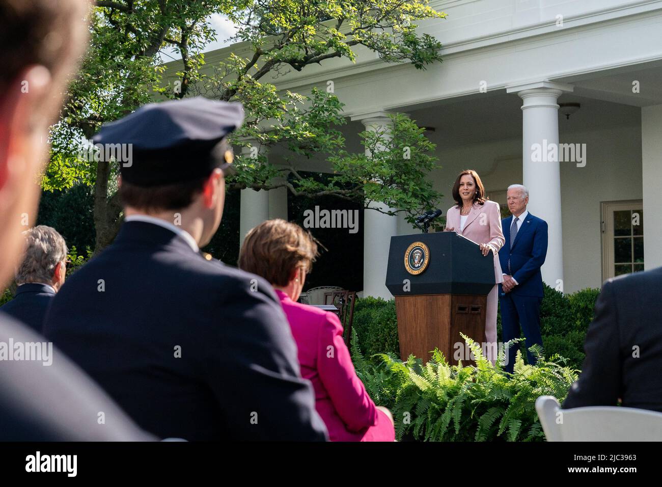 Vice President Kamala Harris, joined President Joe Biden, delivers remarks at a Congressional Gold Medal bill signing event to honor U.S. Capitol police, Thursday, August 5, 2021 in the Rose Garden of the White House. Stock Photo