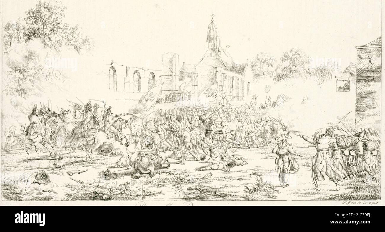 View of the battlefield in the center of Bergen. The French Batavian army is fighting the English and Russians. Front right infantry, front left cavalry. In the background the ruined church of Bergen, Battle of Bergen, 19 September 1799 Bataille bij Bergen den 19 september 1799 (title on object), print maker: Pieter Gerardus van Os, (mentioned on object), Pieter Gerardus van Os, (mentioned on object), Netherlands, 1799 - 1801, paper, etching, h 370 mm × w 472 mm Stock Photo