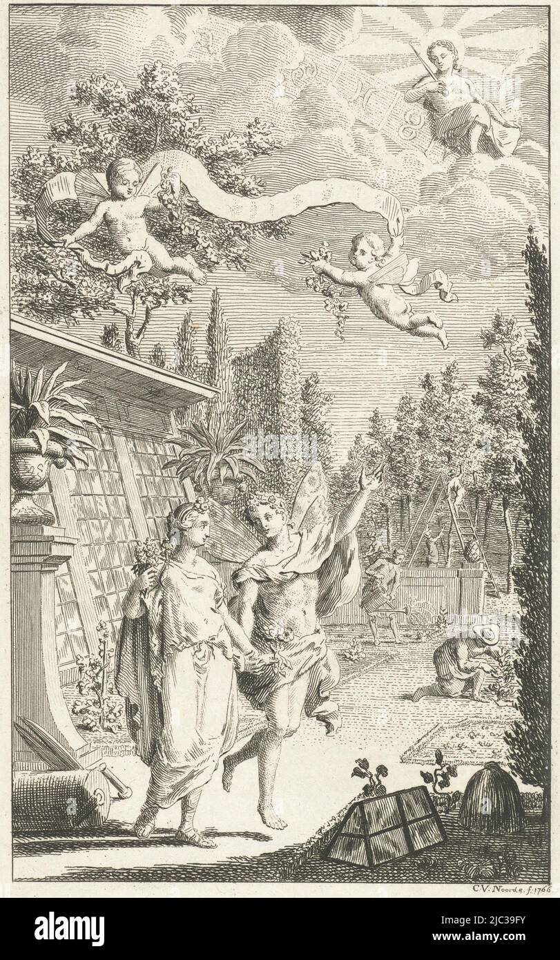In a garden with a greenhouse, the goddess Flora and her husband, the god Zephyrus, walk hand in hand. Two hovering putti hold up a banderole. On the clouds sits the sun god Apollo next to the signs of the zodiac., Zephyrus and Flora, print maker: Cornelis van Noorde, (mentioned on object), Haarlem, 1766, paper, etching, h 192 mm × w 118 mm Stock Photo