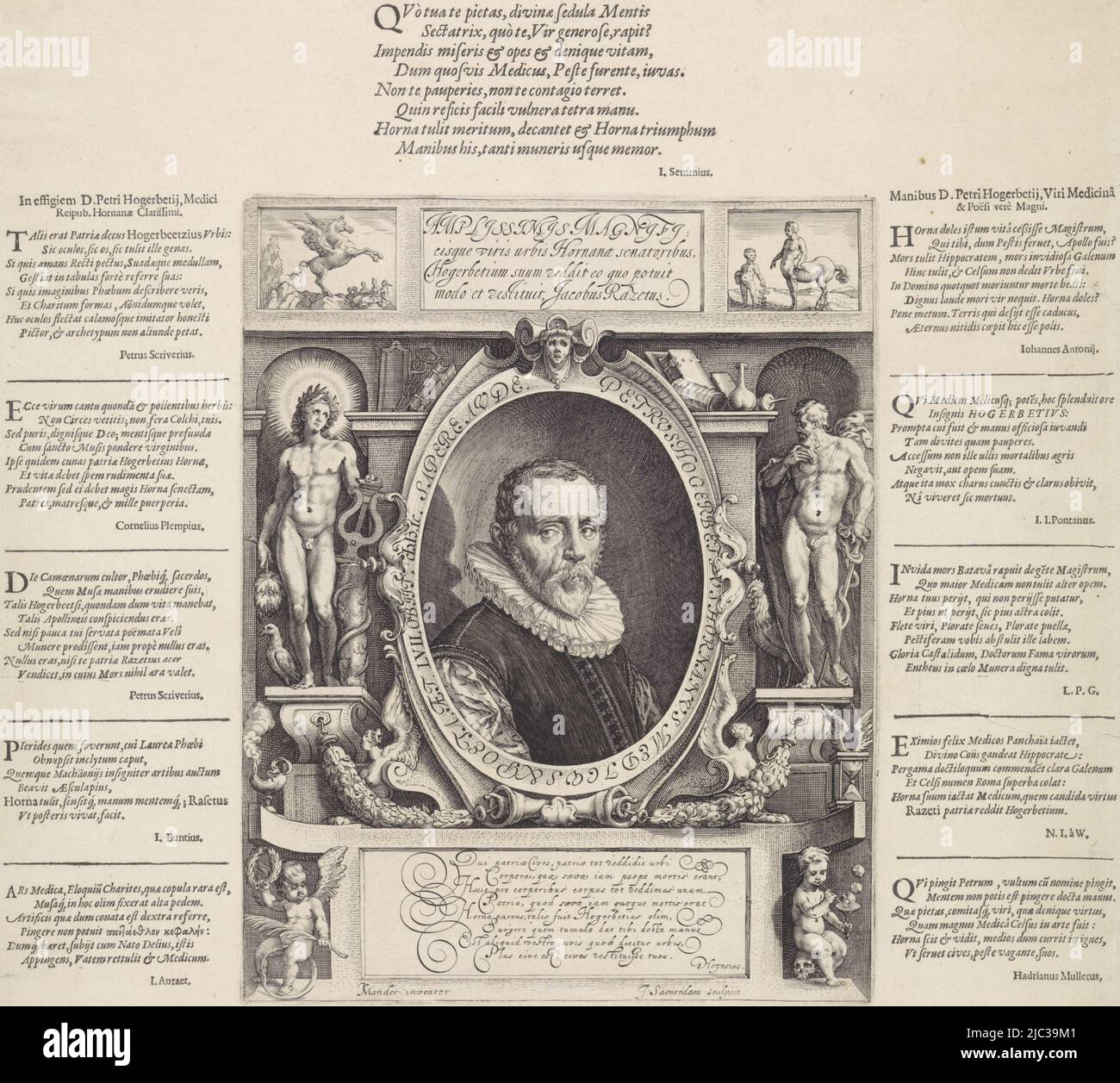 Bust to the right of the physician and poet Petrus Hogerbeets in an oval frame with a Latin border text, which contains information about the person portrayed. On the left, Apollo stands as Apollo Medicus on a console near a column with a snake. He holds a harp. At his right foot a crow, which should have been watching over Coronis. On the right, Aesculapius stands near a rooster on a console. He holds an esculapus. Above the list medical instruments and books. Above left, Pegasus springing the Hippocrene. On the right, the young Aesculapius with the centaur Chiron, who raised him. Between Stock Photo