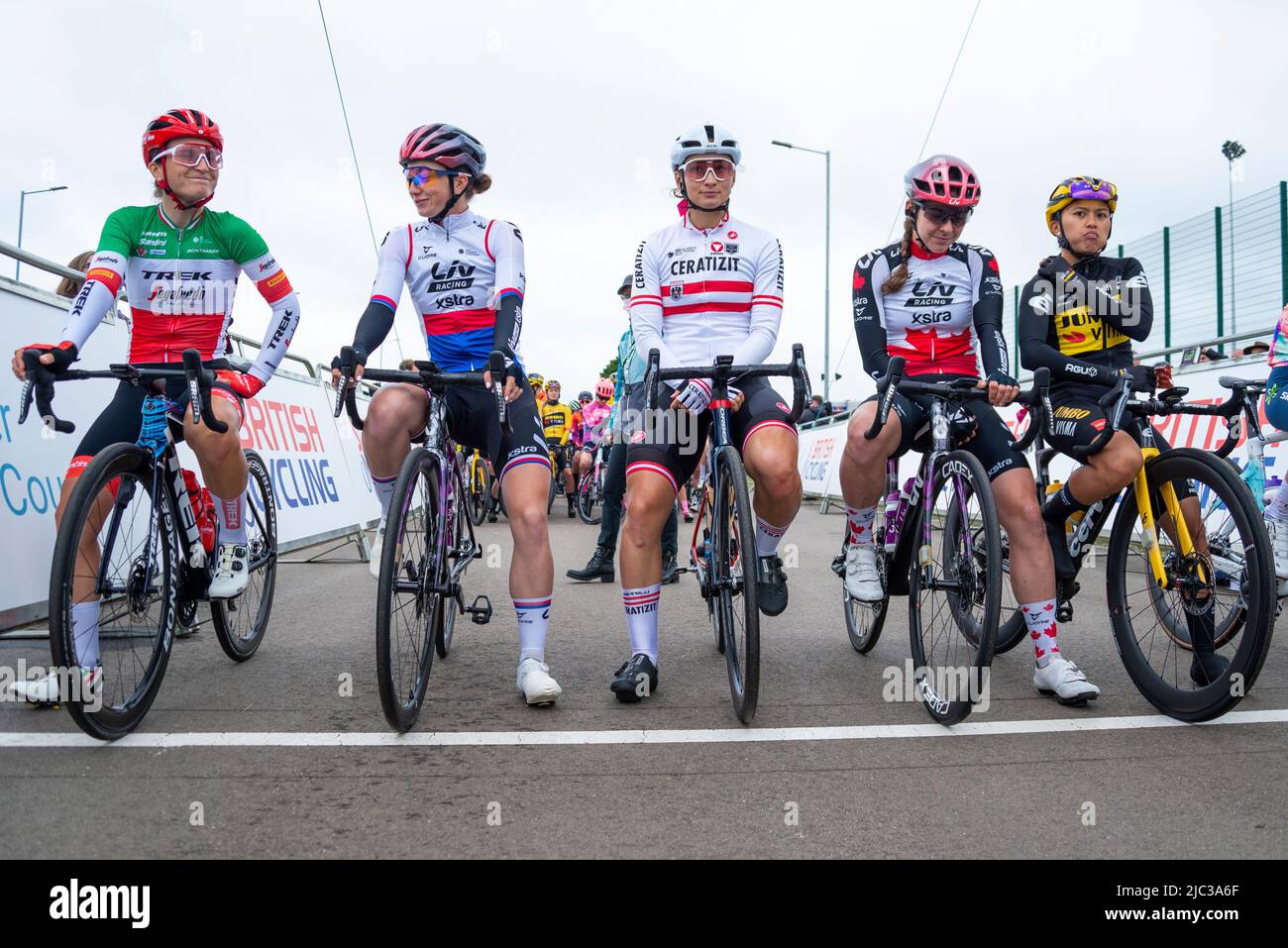 Cyclists at the starting line in Colchester Sports Park ready to race