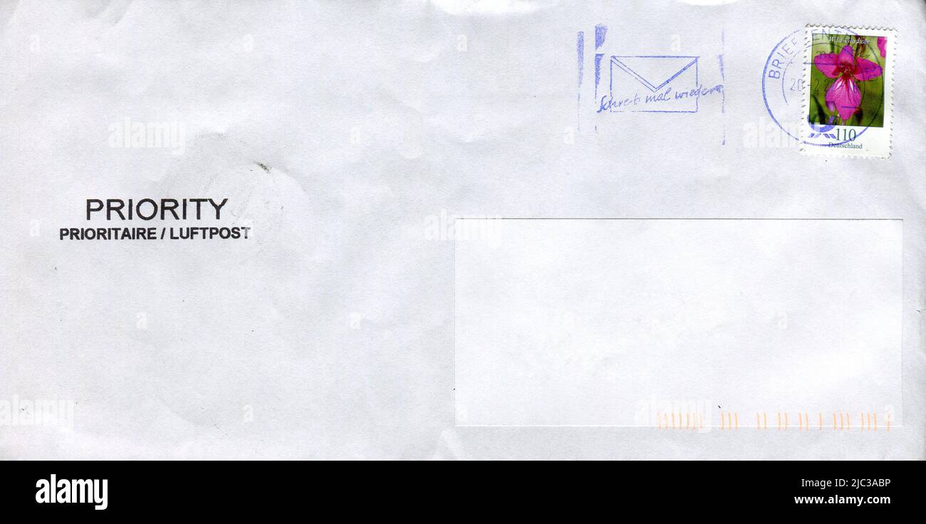 Old envelope which was dispatched from Germany to Gomel, Belarus, February 20, 2022. Stock Photo