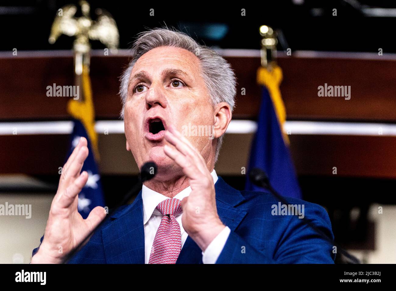 Washington, United States Of America. 04th June, 2022. United States House Minority Leader Kevin McCarthy (Republican of California) speaks at his weekly press conference in the Capitol on Thursday, June 9, 2022. McCarthy and the House GOP leadership spoke on the US House Select Committee to Investigate the January 6th Attack on the US Capitol. Credit: Julia Nikhinson/CNP Photo via Credit: Newscom/Alamy Live News Stock Photo