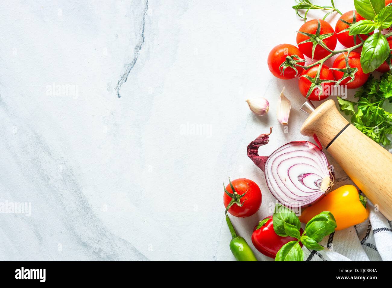 Food cooking background on white marble table Stock Photo Alamy
