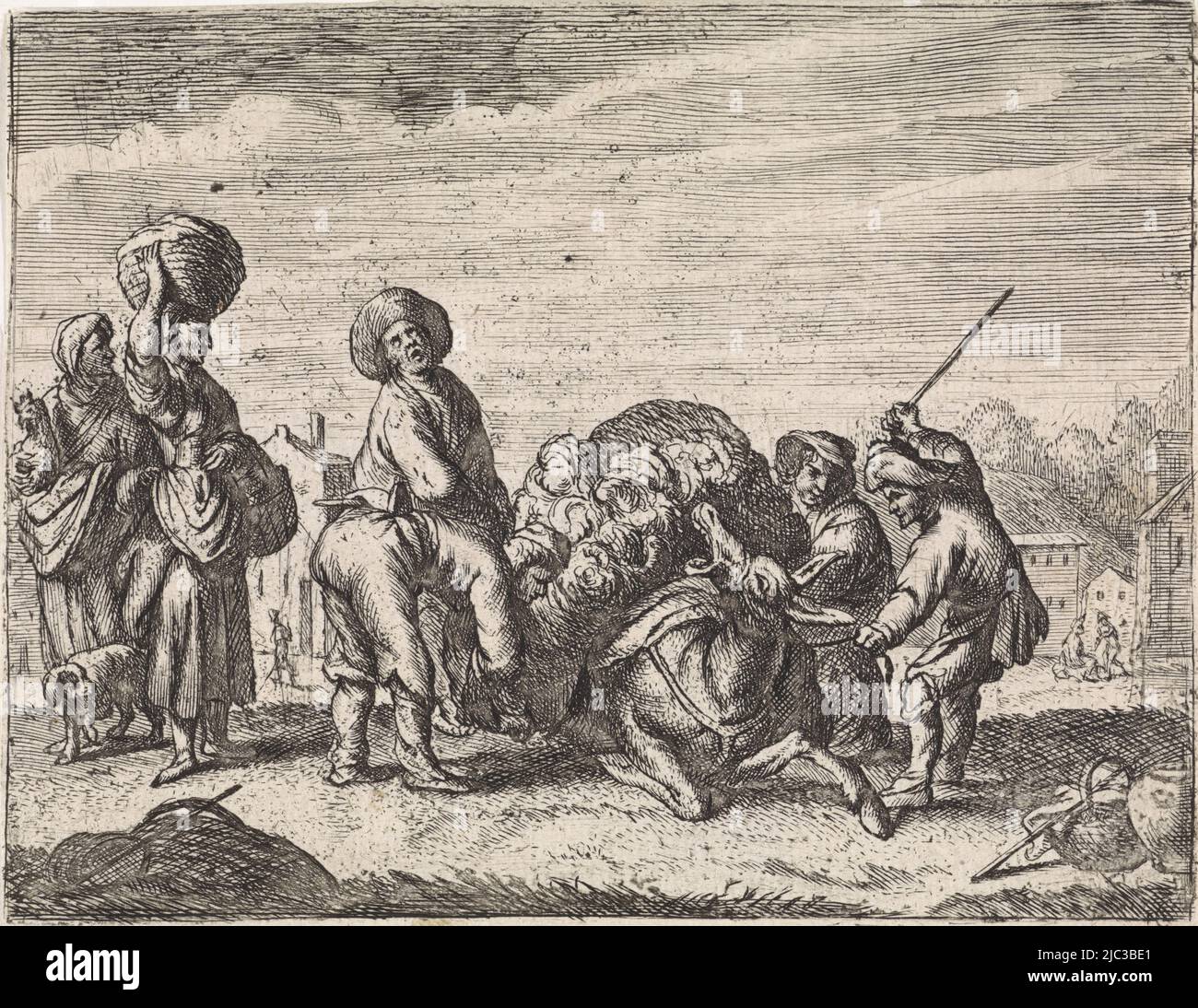 A heavily loaded donkey lies down. Two men are removing the load from him. Another is about to beat the animal with his stick, The braying donkey Genreta scenes (series title), print maker: Cornelis de Wael, Italy, 1630 - 1648, paper, etching, engraving, h 115 mm × w 150 mm Stock Photo