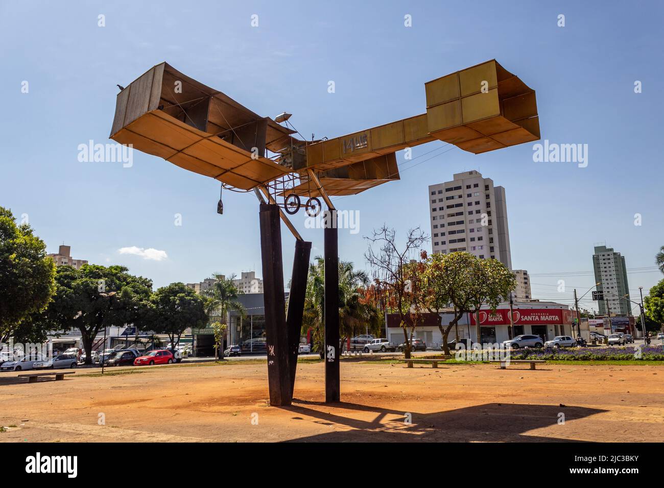 Goiania, Goiás, Brazil – June 04, 2022:  Monument at Santos Dumont Square or Airplane Square in Goiânia. Replica of the 14 Bis plane. Stock Photo