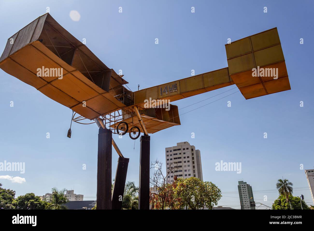 Goiania, Goiás, Brazil – June 04, 2022:  Monument at Santos Dumont Square or Airplane Square in Goiânia. Replica of the 14 Bis plane. Stock Photo