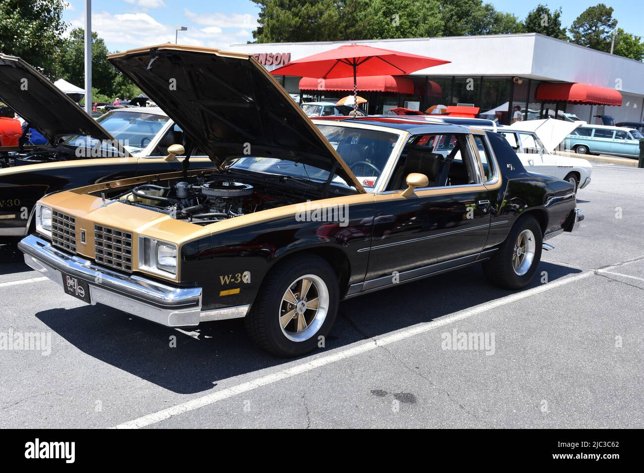 A 1979 Oldsmobile Cutlass W-30 Hurst Olds on display at a car show. Stock Photo