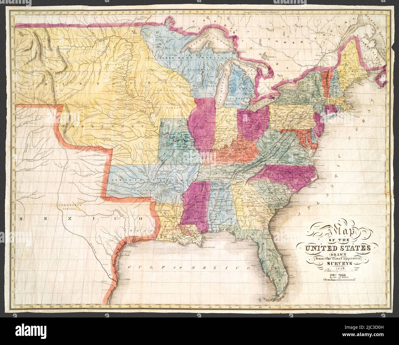 Original title: Map of the United States: drawn from the most approved surveys. Published 1826.Shows borders and other important political and geographic features. Gives prime meridians from both Greenwich and Washington, D.C. Gives general locations of Native American tribes. Stock Photo