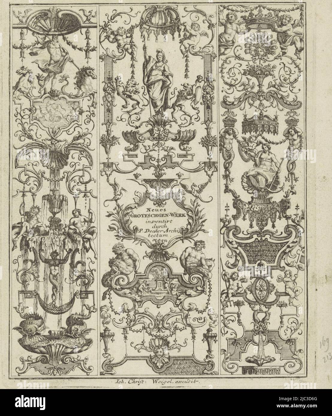 Three pilasters with grotesques and various mythical figures and scenes, Grotesque with Neptune and Minerva Neues Groteschgen-Werk (series title on object), print maker: Johann Adam Delsenbach, (possibly), Paul Decker (I), (mentioned on object), publisher: Johann Christoph Weigel, (mentioned on object), Neurenberg, 1700 - 1725, paper, etching, h 220 mm × w 176 mm Stock Photo