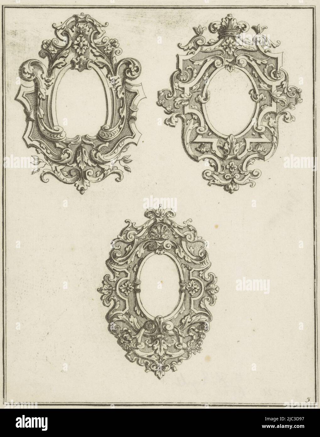 Top left frame with wickerwork, a floral motif and acanthus leaves on left and right. The upper right frame is decorated with wickerwork and leaves and is crowned at the top with acanthus leaves. The lower frame has wickerwork and acanthus leaves and rocaille ornament at top, Three oval cartouches Ornamental shields for various professions (series title) Unterschiedliche Art neu inventirter Schilder f, print maker: anonymous, Johann Leonhard Eisler, publisher: weduwe Johann Christoph Weigel, Neurenberg, 1726 - 1734, paper, etching, h 215 mm × w 172 mm Stock Photo