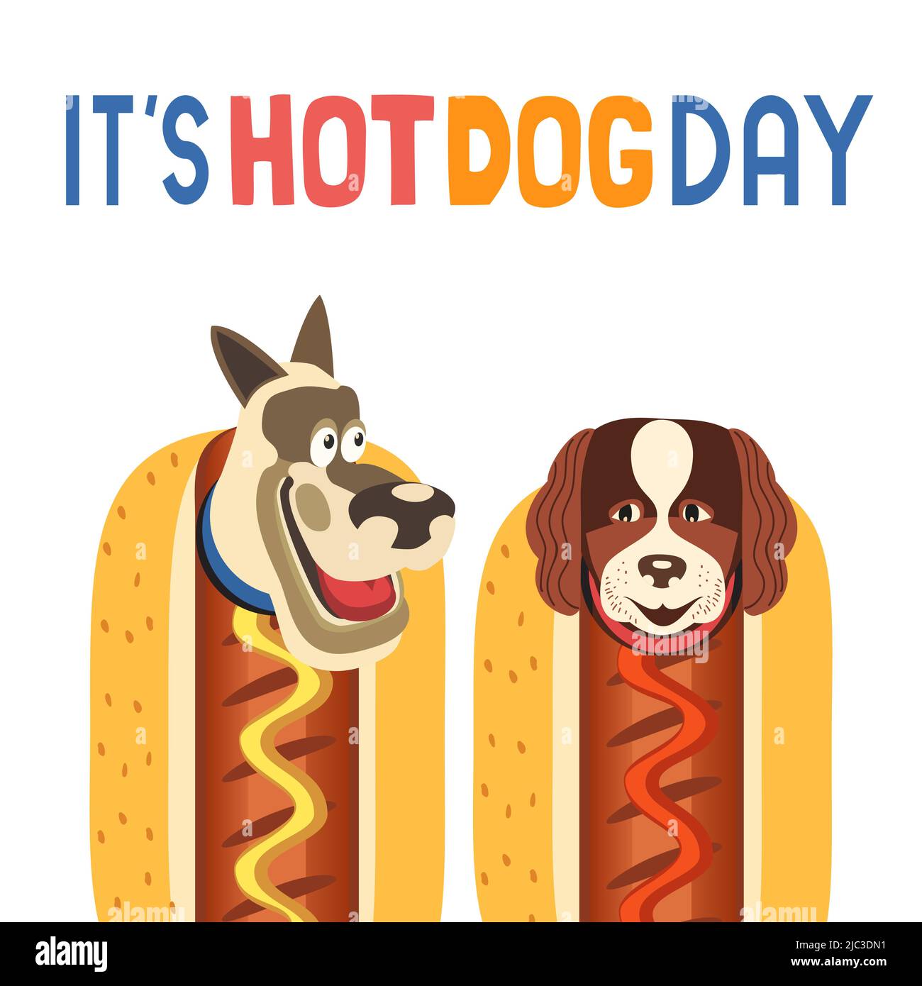 Funny dogs inside hot dogs cute vector illustration. Comic cartoon