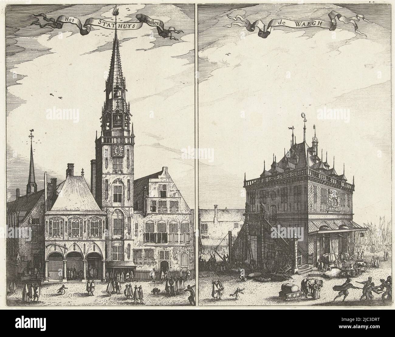 View of the Old City Hall and the Waag on Dam Square in Amsterdam. Two representations on one slide. On the left the town hall, still with its spire demolished in 1615. In the foreground several figures. Above in the middle a banderole with the title. To the right the Waag, where goods are loaded, weighed and transported, seen from the south west. To the right in the foreground two fighting men. Above in the middle a banderole with the title, Het Oude Stadhuis en de Waag op de Dam te Amsterdam Het Stathuys t' Amsterdam / de Waegh (title on object), print maker: Claes Jansz. Visscher (II Stock Photo