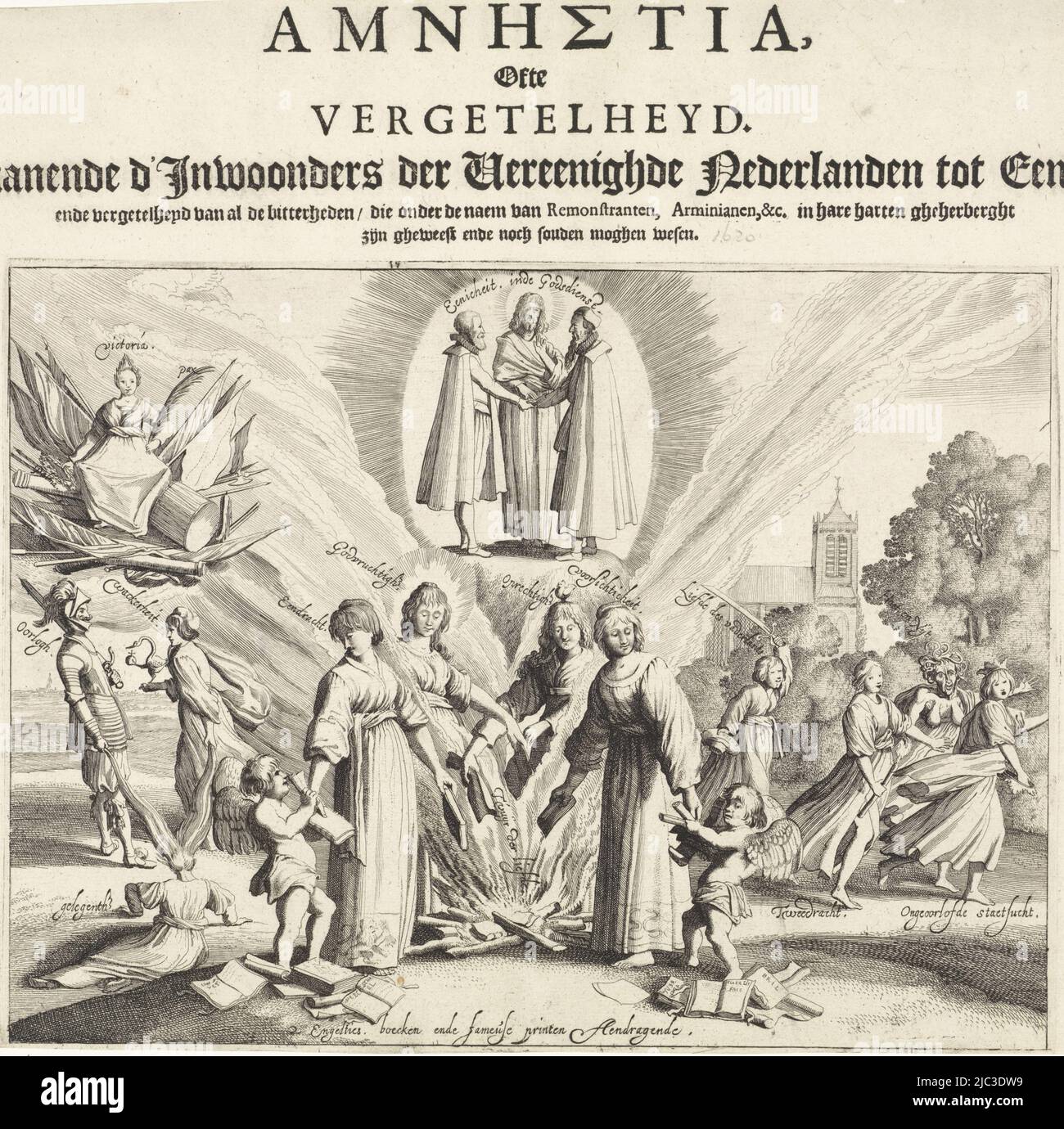 Pamphlet outlining the importance of unity among the Dutch under Maurice's rule. It advocates unity, concord and reconciliation between the religions of the United Netherlands in 1623. Two putti carry books and prints (caption: Engelties boecken ende fameuse printen Aendragende) that are burned by Eendracht, Godsvruchtigh(eit), Oprechtigh(eit) en Voorsichtigheit in: T'vuyr der liefde. Behind on the right, Discord, Haet, Envy, and Unauthorized State Discipline run after each other. On the left, Warh stands and pulls Wackerheyt gelegenth(eit) by the hair behind her. Victoria is seated on a Stock Photo