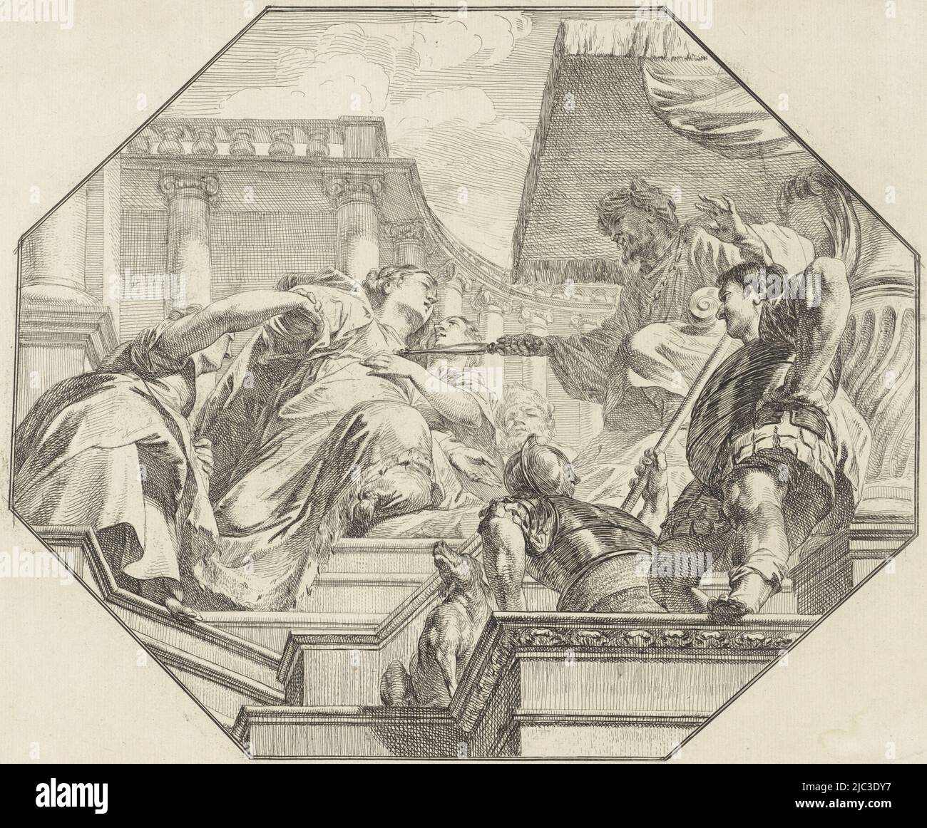 King Ahasuerus touches Esther, who is kneeling before him, with his scepter. Depiction of the Bible text Esther 15:12., Esther before King Ahasuerus, print maker: Jacob de Wit, after: Peter Paul Rubens, Amsterdam, 1705 - 1754, paper, etching, h 336 mm × w 401 mm Stock Photo