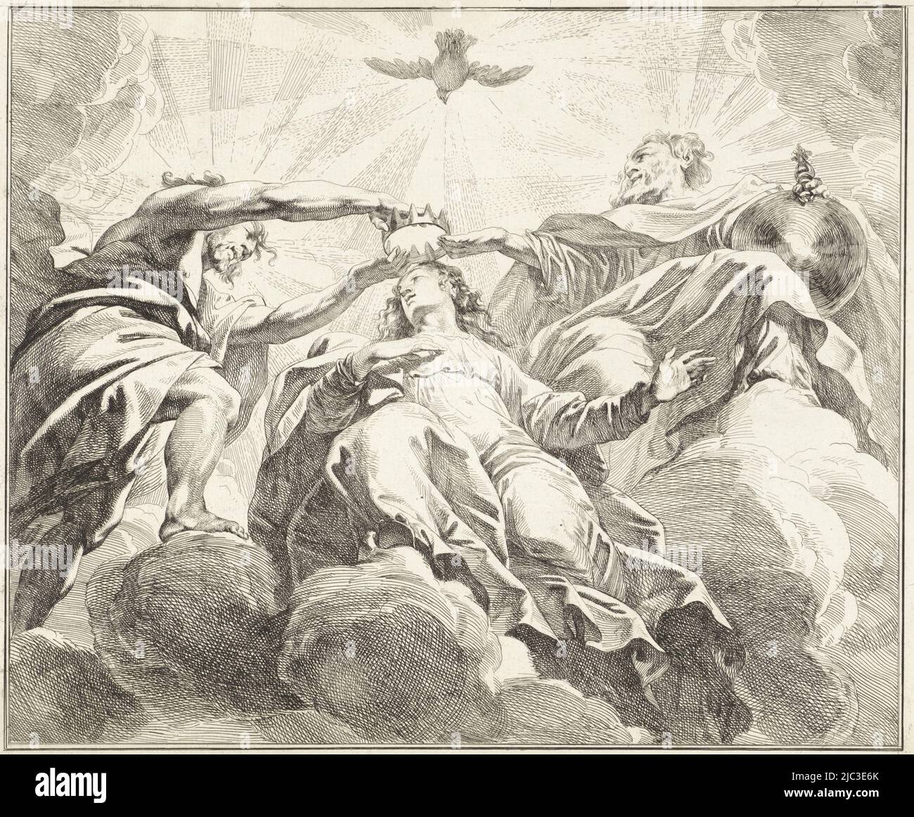 Mary is crowned in heaven by God the father and by Christ, above them the Holy Spirit in the form of a dove, Coronation of Mary, print maker: Jacob de Wit, after: Peter Paul Rubens, Amsterdam, 1705 - 1754, paper, etching, h  mm × w  mm, w 402 mm ×  338 mm Stock Photo