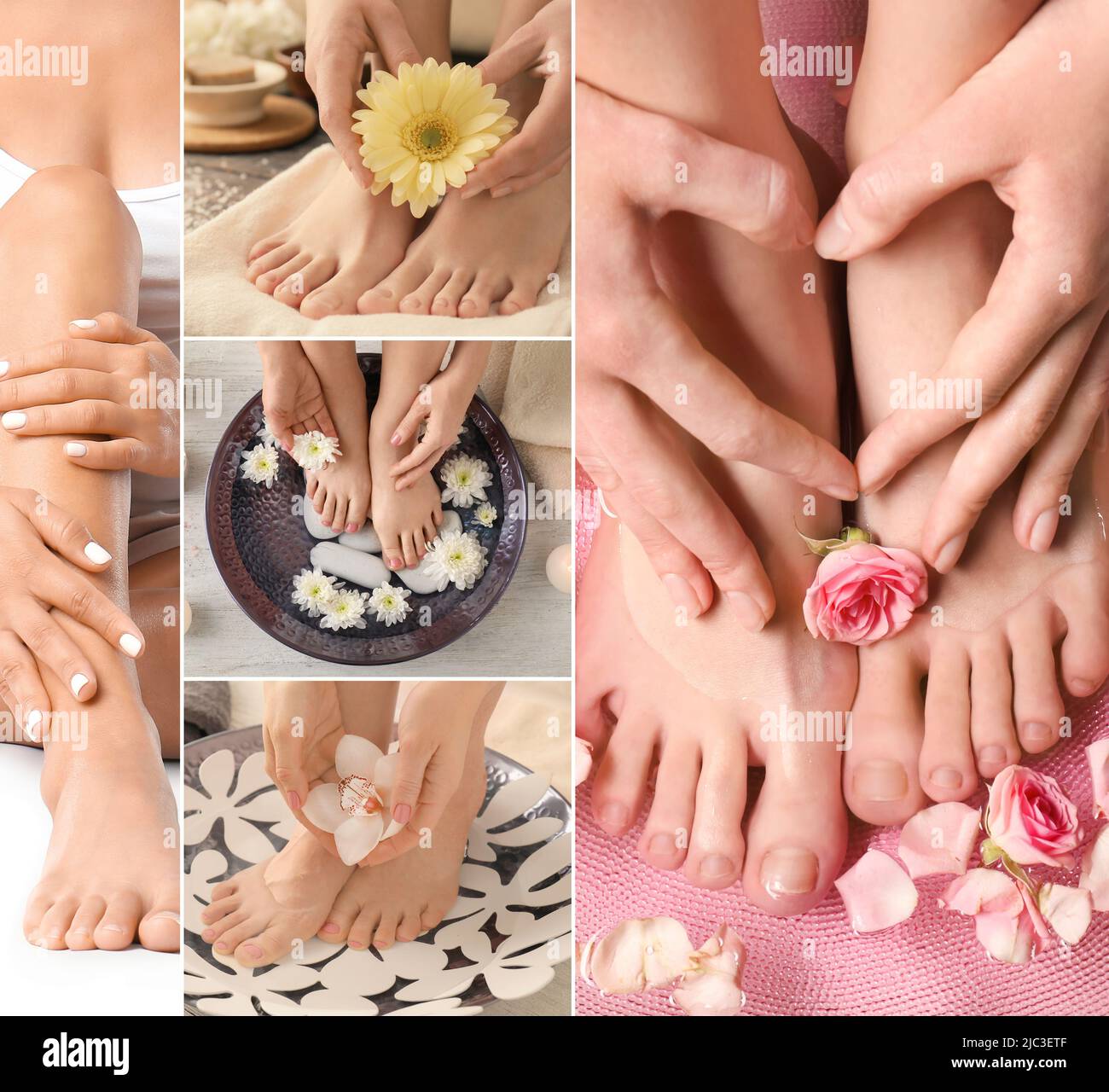 Collage with legs of young women undergoing spa pedicure treatment in