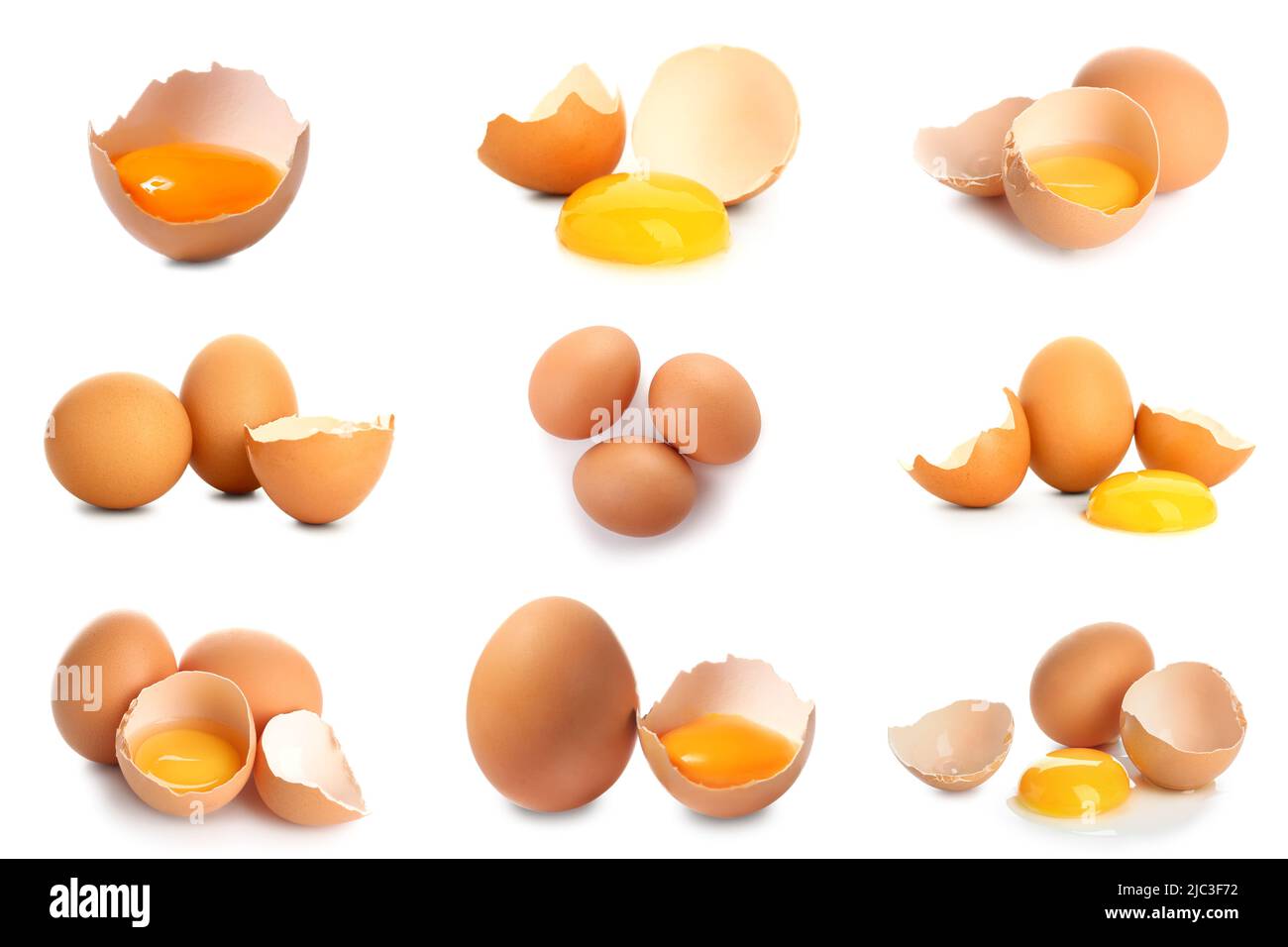 Set of raw whole and broken chicken eggs on white background Stock ...