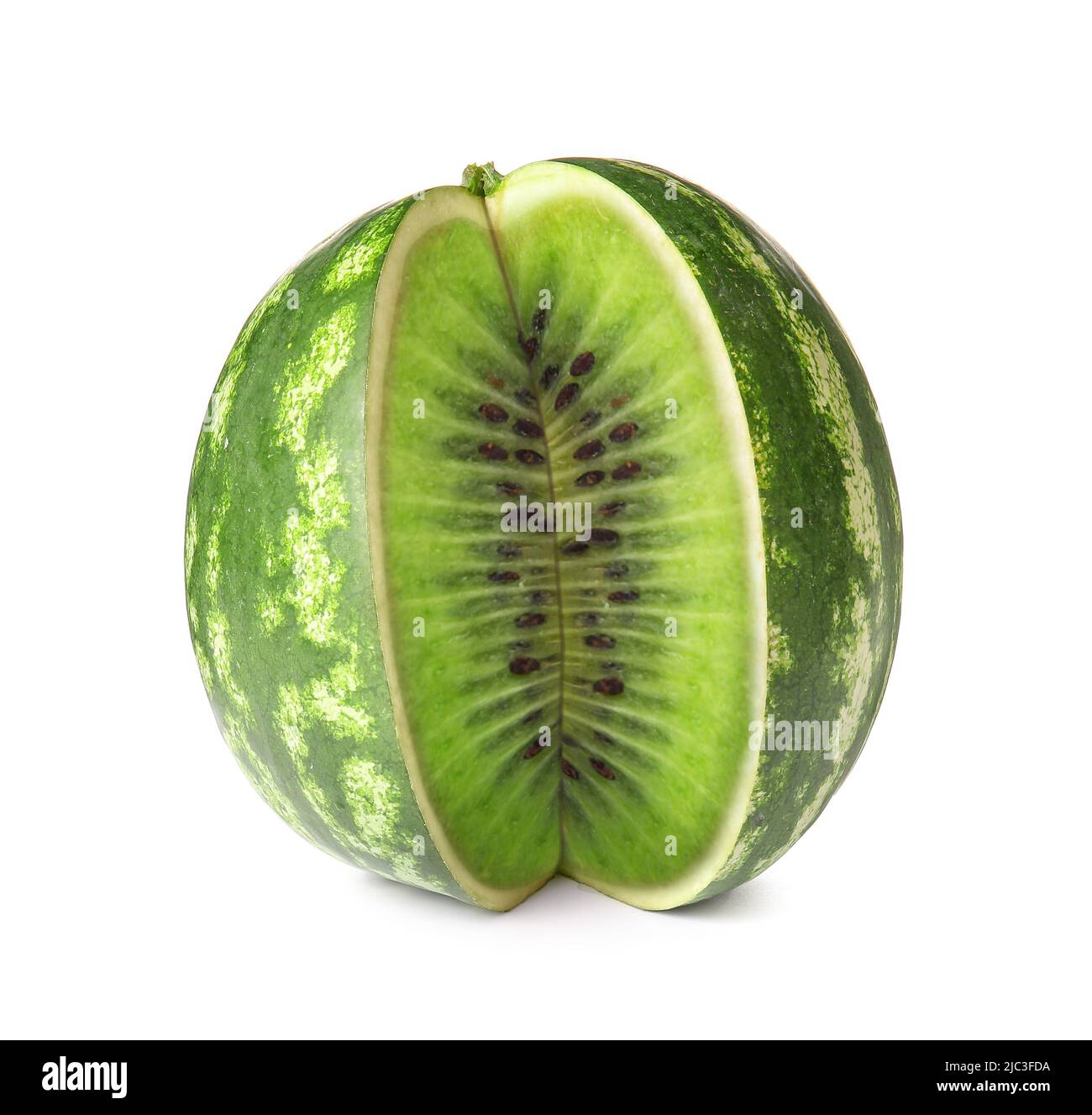 Cut watermelon with kiwi inside on white background. Concept of photo