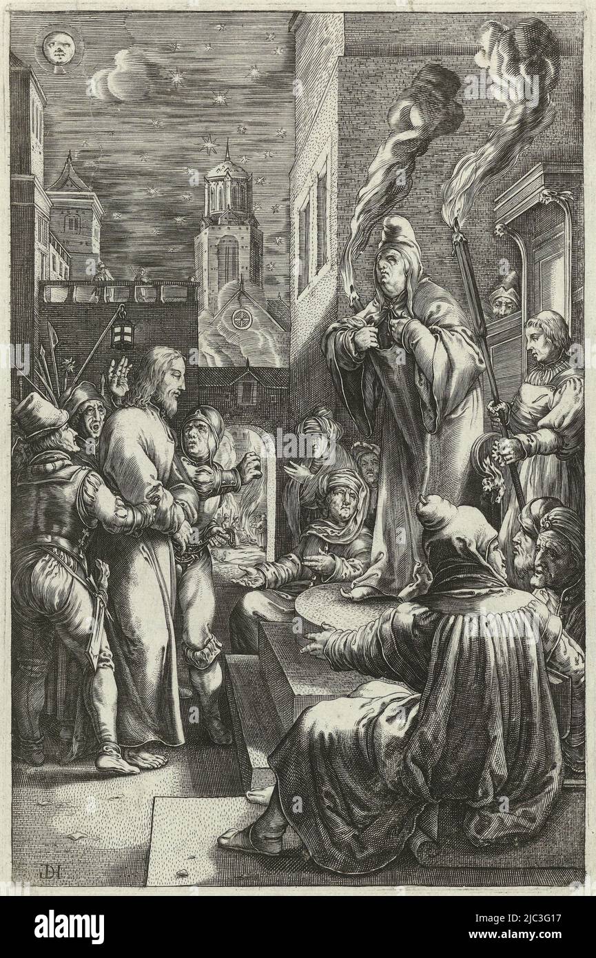 Christ being led before the high priest Caiaphas. Caiaphas stands on a platform between two torches and tears his robe. Through the gate, the fire in the courtyard is visible where Peter sits., Christ before Caiaphas The Passion (series title), print maker: anonymous, Hendrick Goltzius, (mentioned on object), Netherlands, (possibly), 1597 - 1667, paper, engraving, h 199 mm × w 130 mm Stock Photo