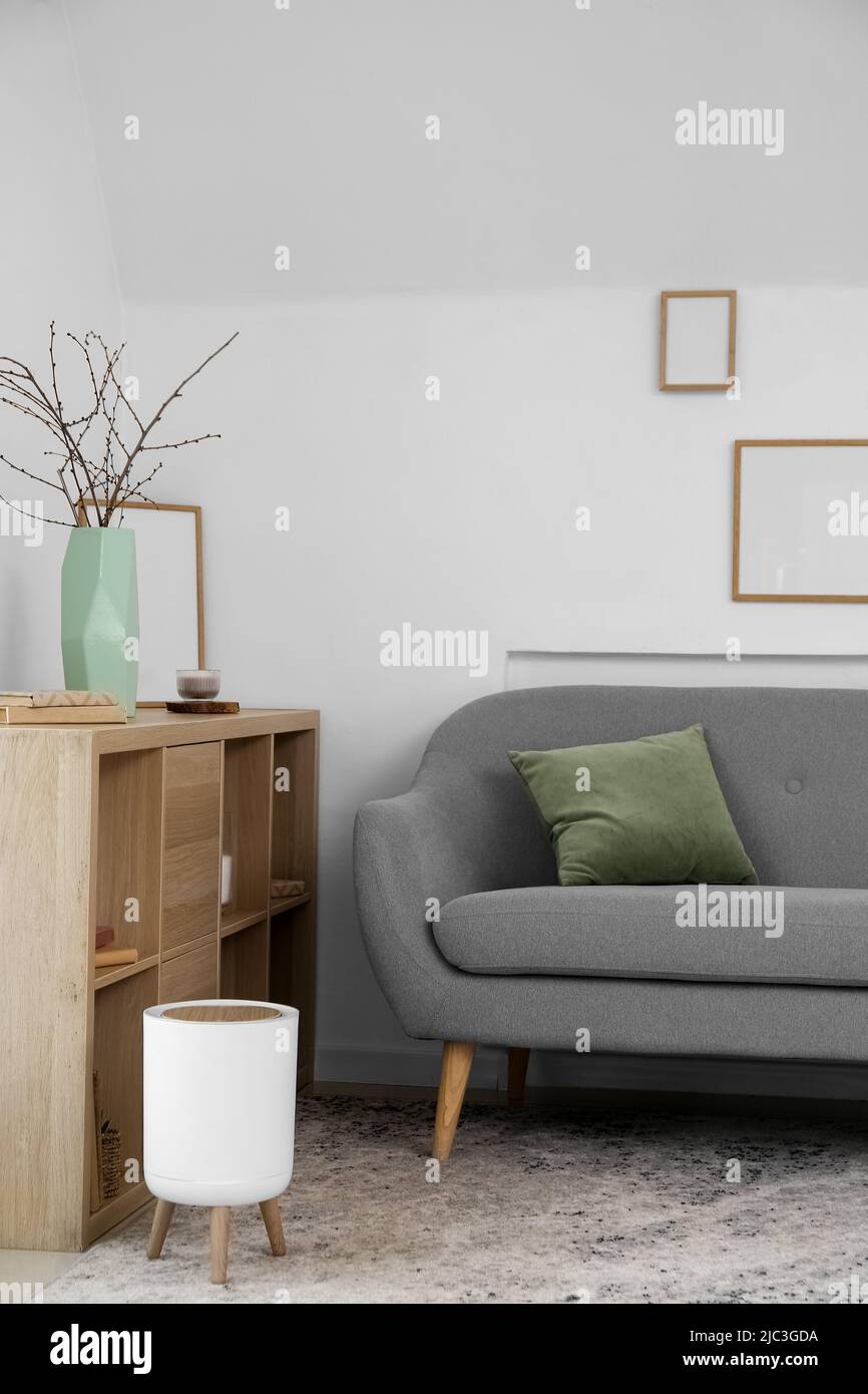 Interior of living room with grey sofa and shelf unit Stock Photo - Alamy