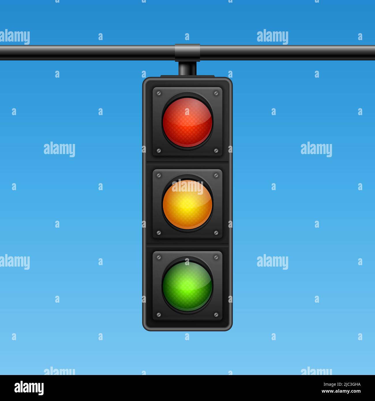 Vector Banner with 3d Realistic Detailed Road Traffic Lights on Blu Sky