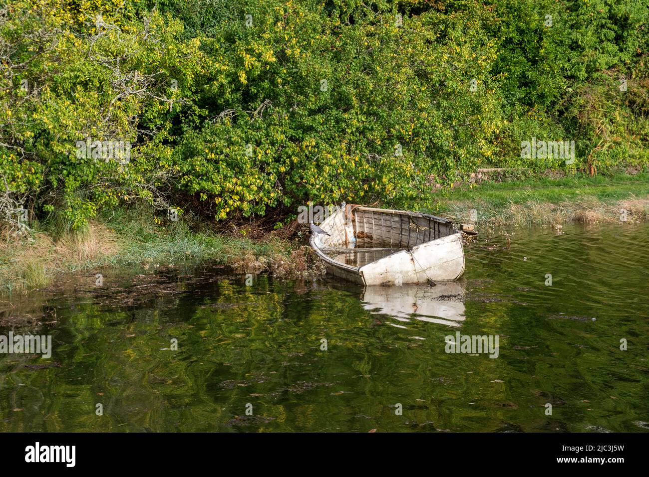 Old delapidated boat floats Stock Photo