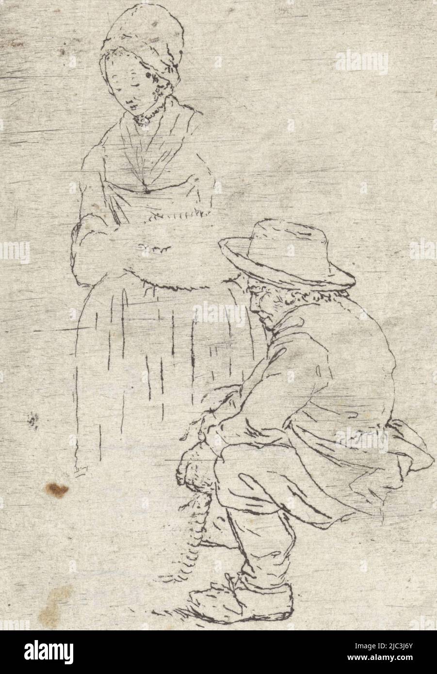A seated man with hat and clogs, facing left. Next to him is a woman with bowed head, she wears a cap and apron., Farmer and Farmer's Wife, print maker: Johannes Janson, (possibly), print maker: Johannes Christiaan Janson, (possibly), print maker: Pieter Janson, (possibly), 1739 - 1851, paper, etching, h 122 mm × w 73 mm Stock Photo