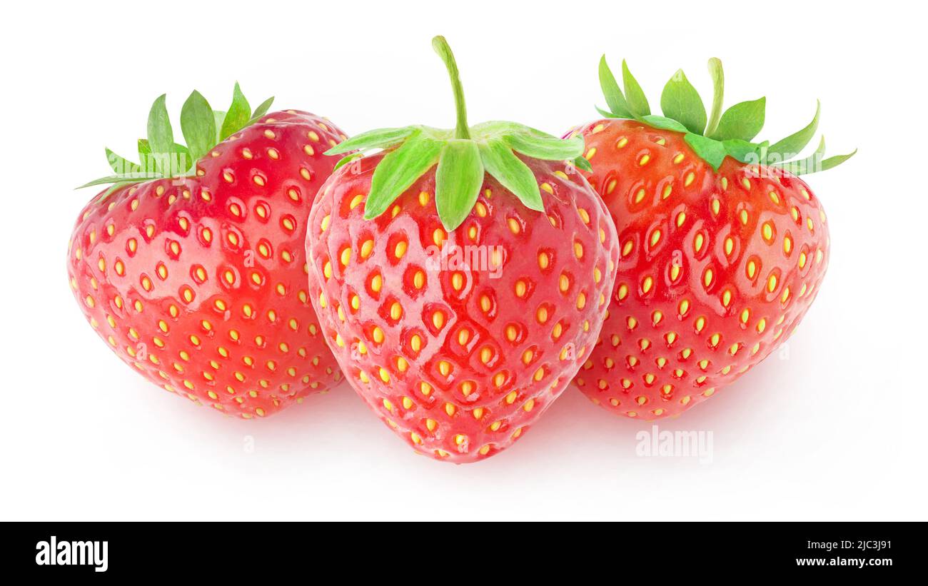 Isolated fresh strawberry. Three strawberry fruits top view isolated on white background Stock Photo