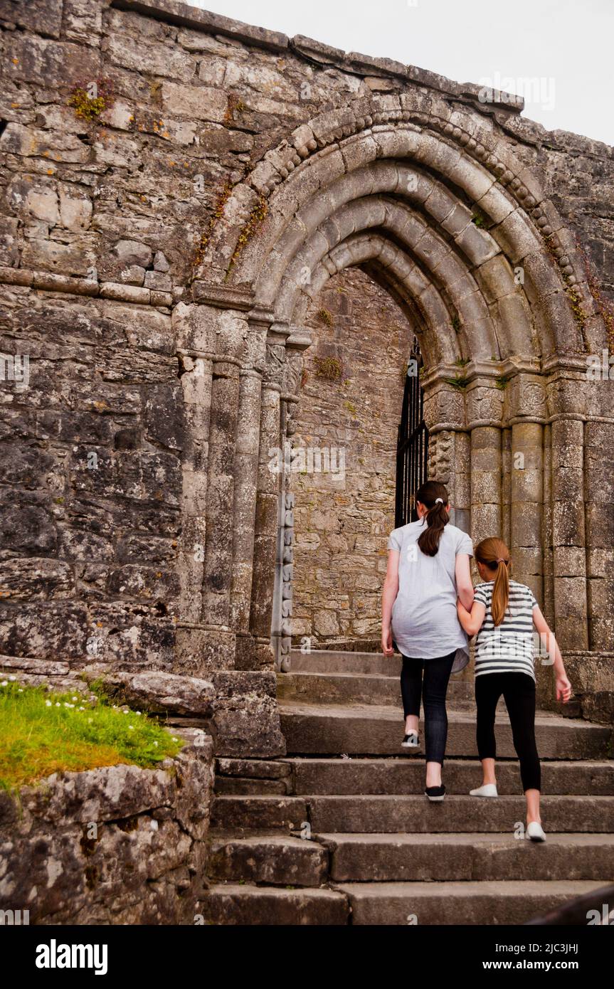 Arched Romanesque entrance to Cong Abbey Ruins in Cong, Ireland. Stock Photo