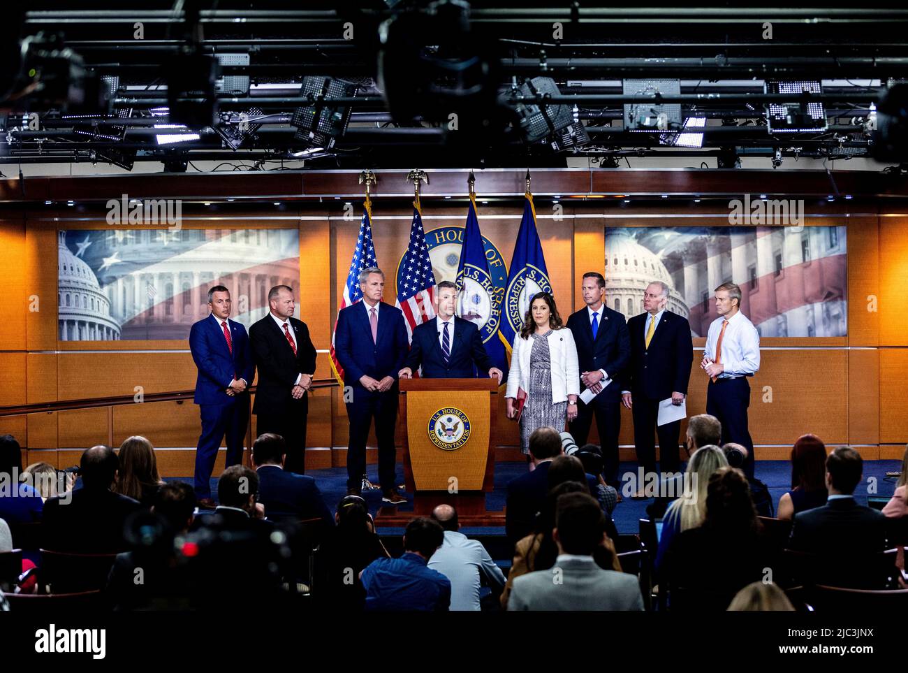 United States Representative Jim Banks (Republican of Indiana) and Republican Study Committee Chair Jim Banks speaks during United States House Minority Leader Kevin McCarthy's (Republican of California) weekly press conference in the Capitol on Thursday, June 9, 2022. McCarthy and the House GOP leadership spoke on the US House Select Committee to Investigate the January 6th Attack on the US Capitol. Credit: Julia Nikhinson/CNP Stock Photo